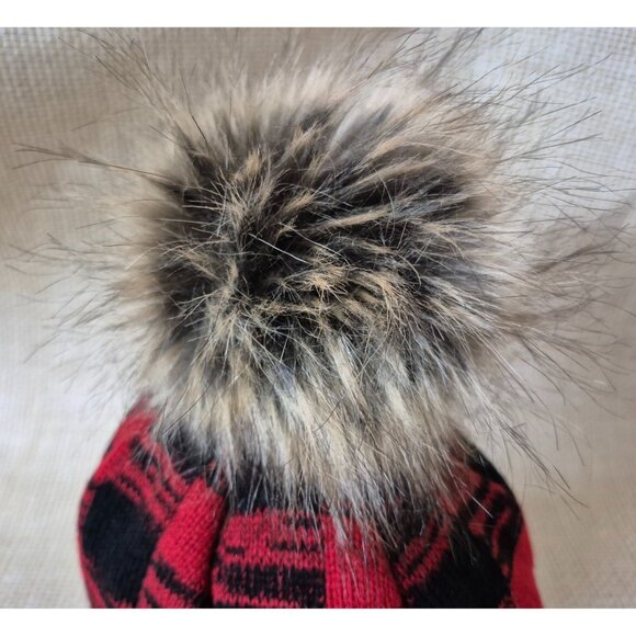 Panache Ladies Beanie One Size Animal Print Faux Fur Pom Red Buffalo Plaid Knit - Picture 7 of 9